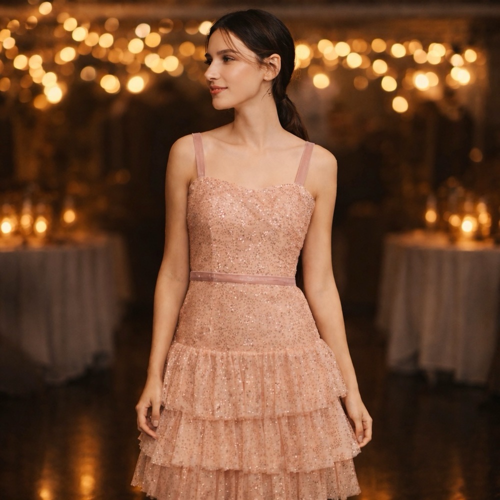Marchesa Notte Rose Gold Glitter Tulle Cocktail Dress NWT Wedding Guest Party